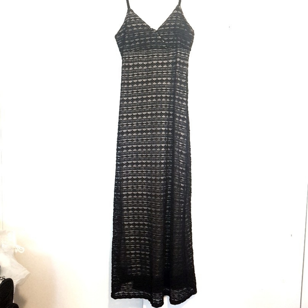 VINTAGE Long Black Elegant Lace Gown prom wedding party dress